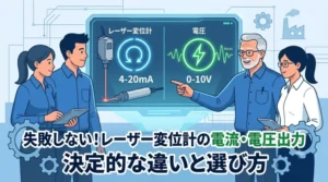 電流出力4-20mAと電圧出力0-10Vの違いを示す図