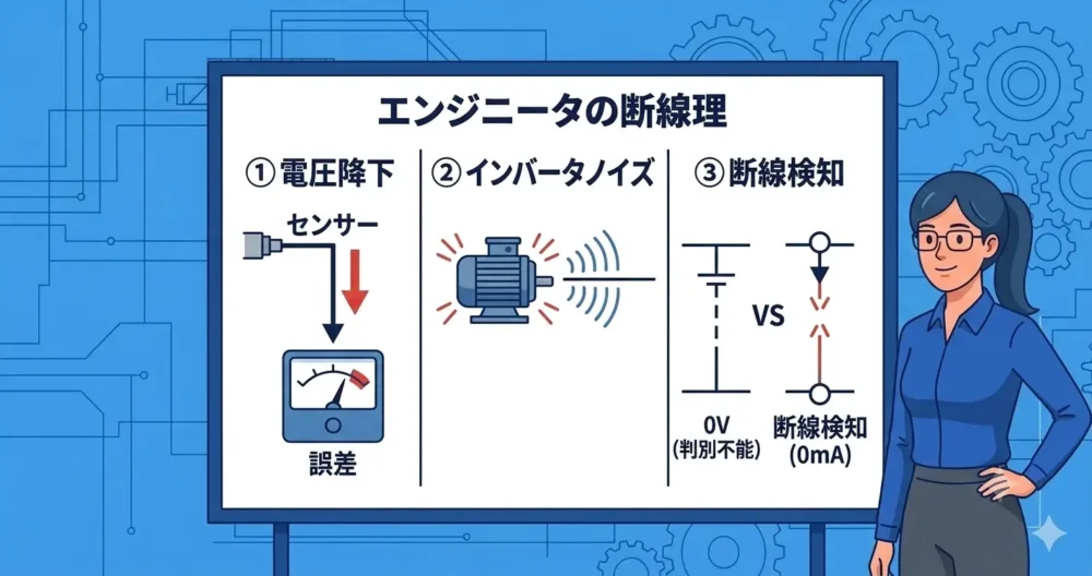 レーザー変位計の選定ミスにつながる3つの原因(1. 電圧降下、2. インバータノイズ、3. 断線検知不可)を描いたイラスト。