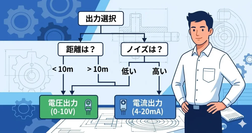 配線距離(短距離/長距離)とノイズ環境(なし/あり)に応じて、電圧出力(0-10V)と電流出力(4-20mA)を自動的に選び分けるフローチャート図。