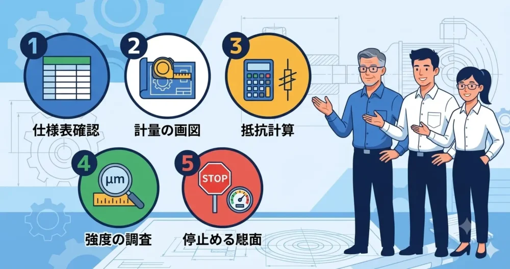 レーザー変位計の出力形式を決定する具体的な5ステップ(1.受信仕様確認、2.配線距離計測、3.負荷抵抗計算、4.分解能換算、5.異常時挙動決定)のイラスト。