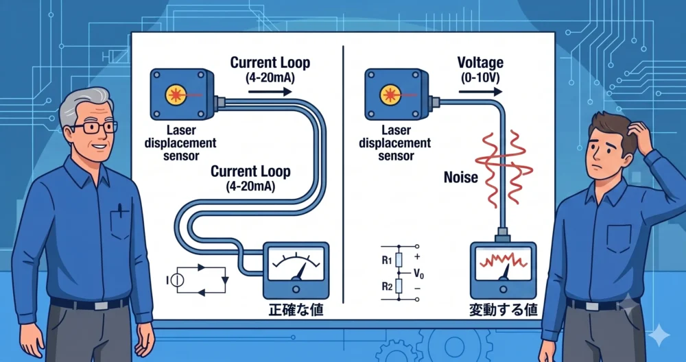 センサが測定した正しい値が、電圧伝送(0-10V)ではノイズや距離で劣化し、電流伝送(4-20mA)では正しく届く様子を比較した図解。