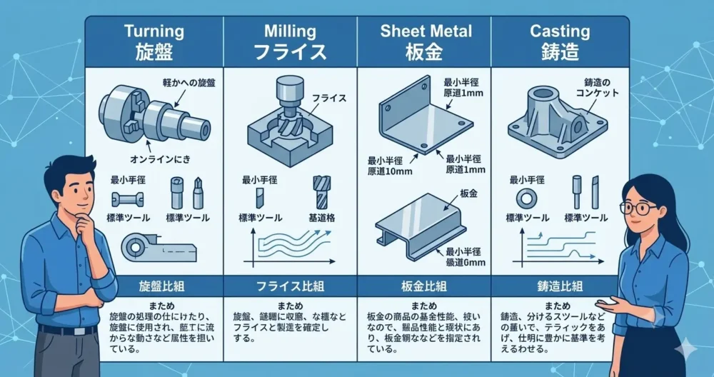 旋盤、フライス、板金、鋳造における面取り指示のポイントと制約を説明する図解