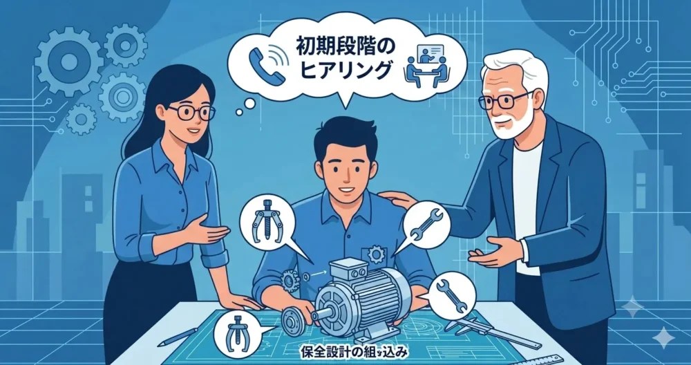 3人のエンジニア（若手、女性、ベテラン）が、大きなテーブルでモーターの設計図面を囲み、真剣に議論している。図面にはプーラーやレンチのアイコンが統合されている。