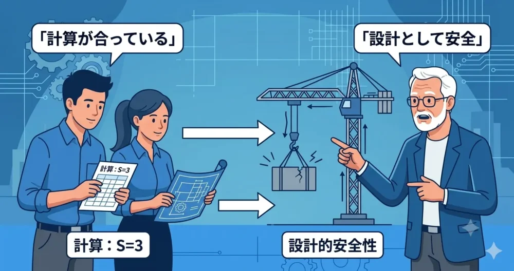 機械設計における、初心者の計算上の安全率（S=3）と、ベテラン設計者が考える真の設計的安全性の違いを図解したイラスト。壊れかけたクレーンと補強されたクレーンの対比。