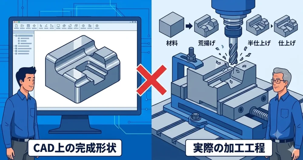 CAD画面上の完成形状と、実際の加工工程（素材から削り出す流れ）の違いを比較した図解イラスト
