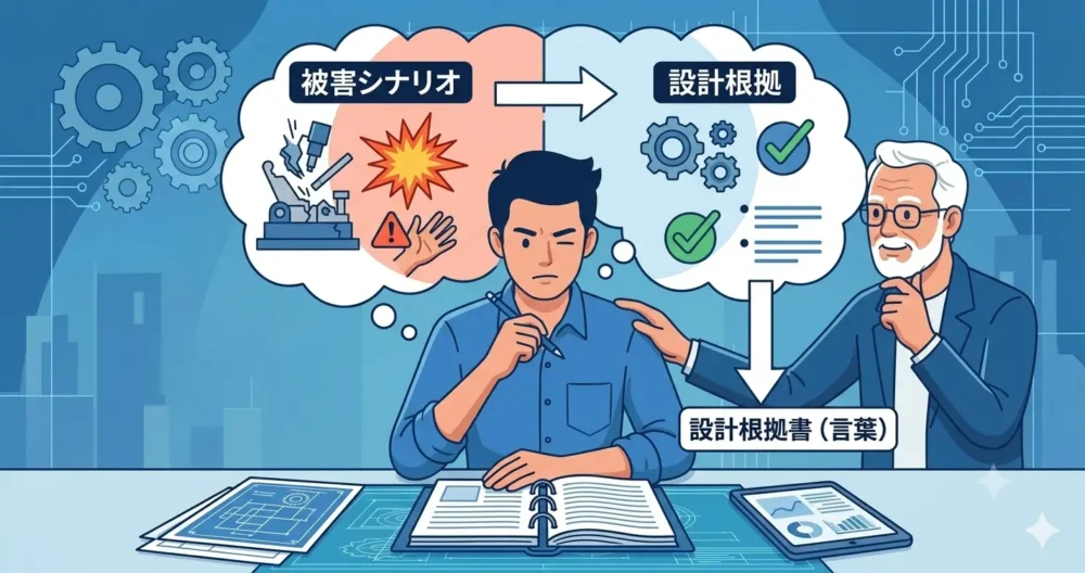 機械設計で安全率を「思考の道具」に変えるため、壊れたときの「被害シナリオ（💥、⚠️）」を想像し、それを「設計根拠（言葉）」として言語化するプロセスを図解したイラスト。若手エンジニアとベテラン設計者。