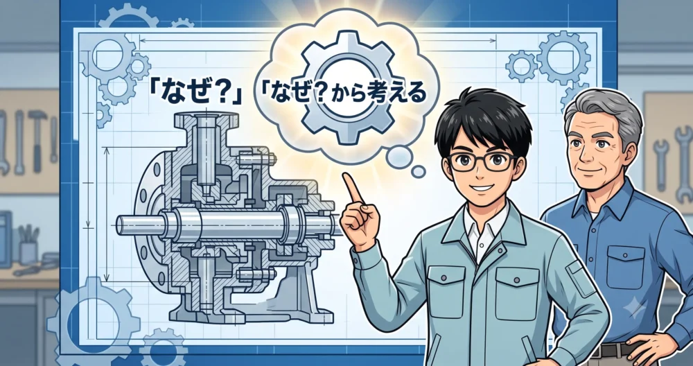 「なぜ」という問いかけを大切に、根拠を持って設計判断できるようになった自信に満ちた設計者のイラスト。