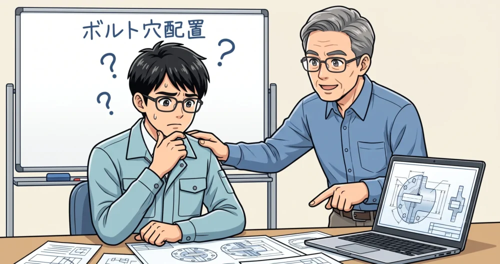 現場でボルト穴配置に迷う若手設計者と、それをサポートするベテラン設計者のイラスト