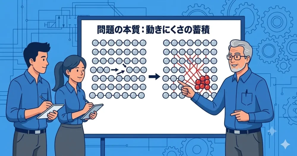 金属が変形する際、内部で転位（原子格子のズレ）が増殖・集積し、互いの動きを妨げる「動きにくさの蓄積」のメカニズムを解説するベテラン設計者のイラスト。