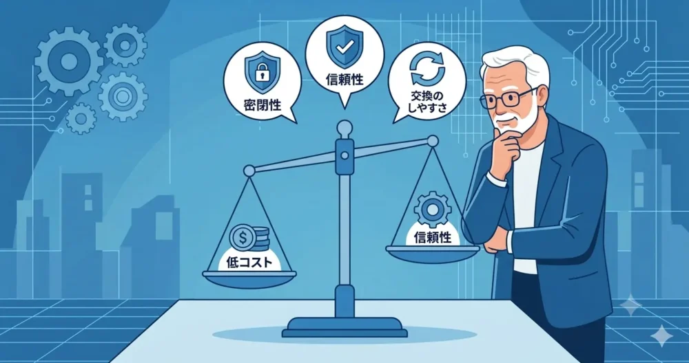 白髪のベテランエンジニアが天秤を見つめている。天秤の左側（重い方）には「密閉性」「信頼性」「低コスト」のアイコン、右側（軽い方）には「交換のしやすさ」のアイコンが載っている。