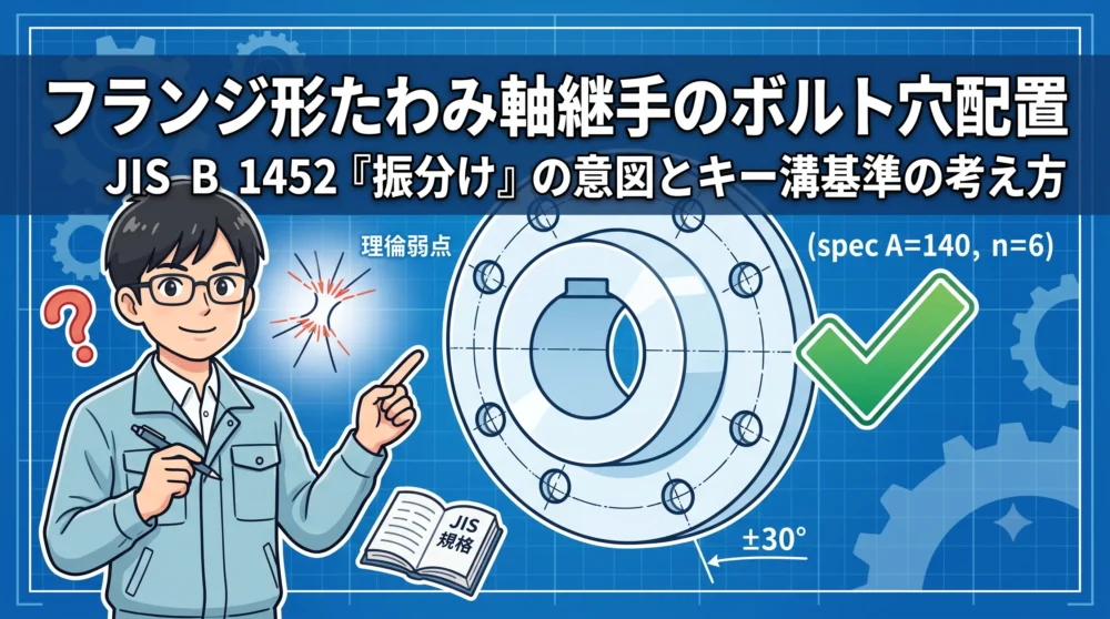 フランジ形たわみ軸継手のボルト穴配置をテーマにしたブログ記事アイキャッチ画像。笑顔の設計者が、JIS B 1452『振分け』の意図とキー溝基準の考え方を説明する図解を指し示す。