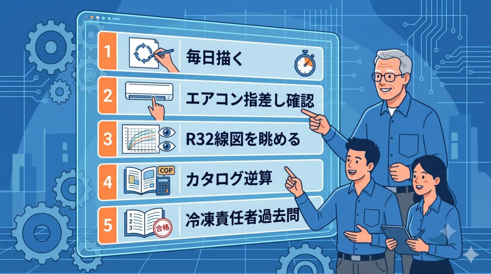 p-h線図を習得するための5つの具体的アクション（描く、確認する、眺める、逆算する、過去問を解く）のチェックリスト。
