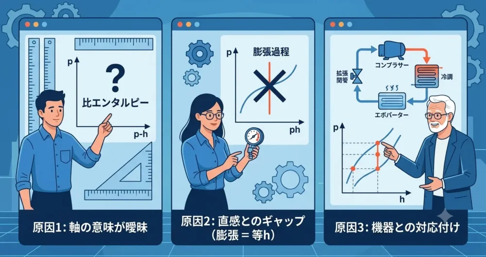 白紙に冷凍サイクルのp-h線図を描く練習をし、実機のトラブル診断に繋げるベテランと若手設計者の図解