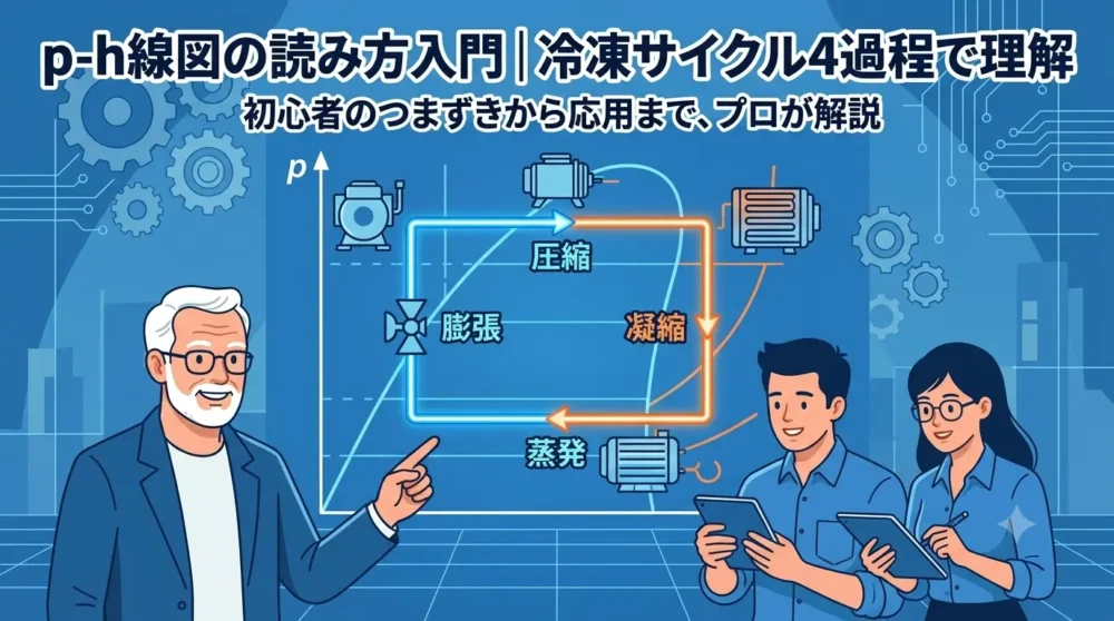 p-h線図の読み方入門｜冷凍サイクル4過程と機器構成をわかりやすく解説するベテラン設計者と若手のアイキャッチ画像