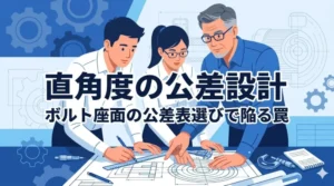 「直角度の公差設計 ボルト座面の公差表選びで陥る罠」の文字が大きく入った、3人の設計者が図面を囲むブログアイキャッチ用イラスト。