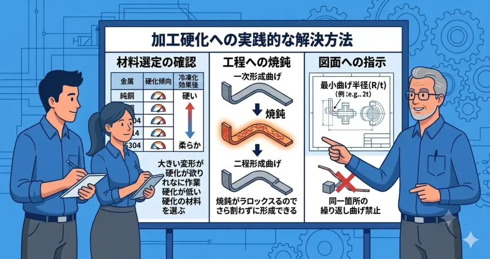 加工硬化対策として、材料特性の確認、工程フローへの焼鈍の組み込み、図面への曲げ半径指定と繰り返し曲げ禁止の明記を議論する設計チームのイラスト。