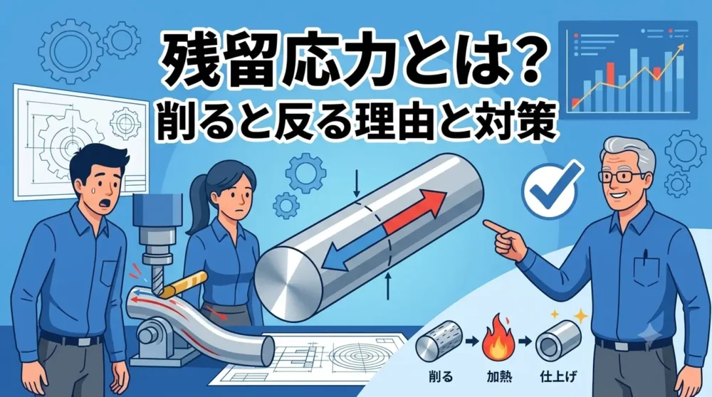 残留応力とは？削ると反る理由と対策。機械設計者が加工トラブルを解決する概念図。