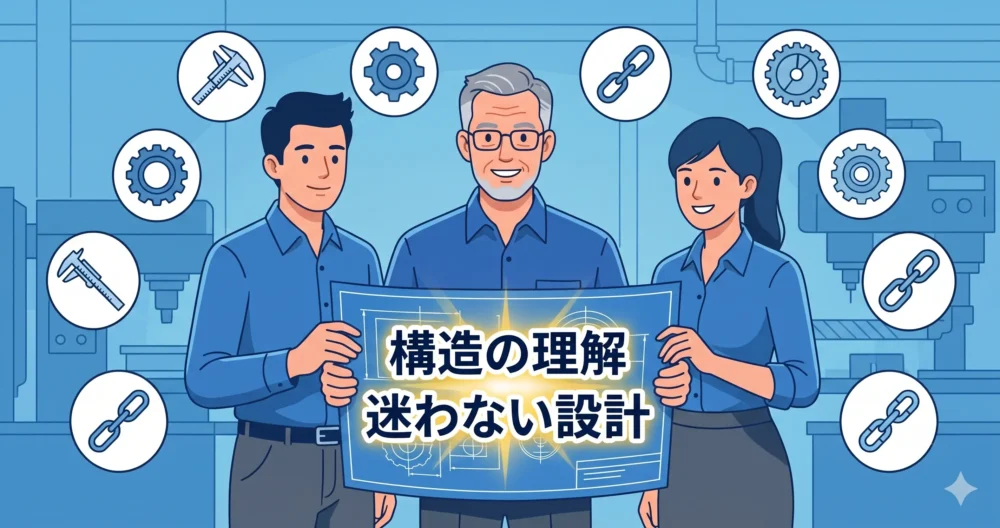 ローラーチェーンの構造（内・外リンク）を理解し、迷わずに偶数リンクで設計できたことに自信を持つ設計者チーム（ベテランと若手）の笑顔の図解。