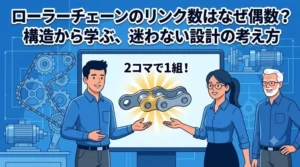 「ローラーチェーンのリンク数はなぜ偶数？構造から学ぶ、迷わない設計の考え方」というタイトルロゴが入った、若手設計者が自信を持ってチェーン構造（2コマ1組）を理解している様子を描いたアイキャッチ画像。