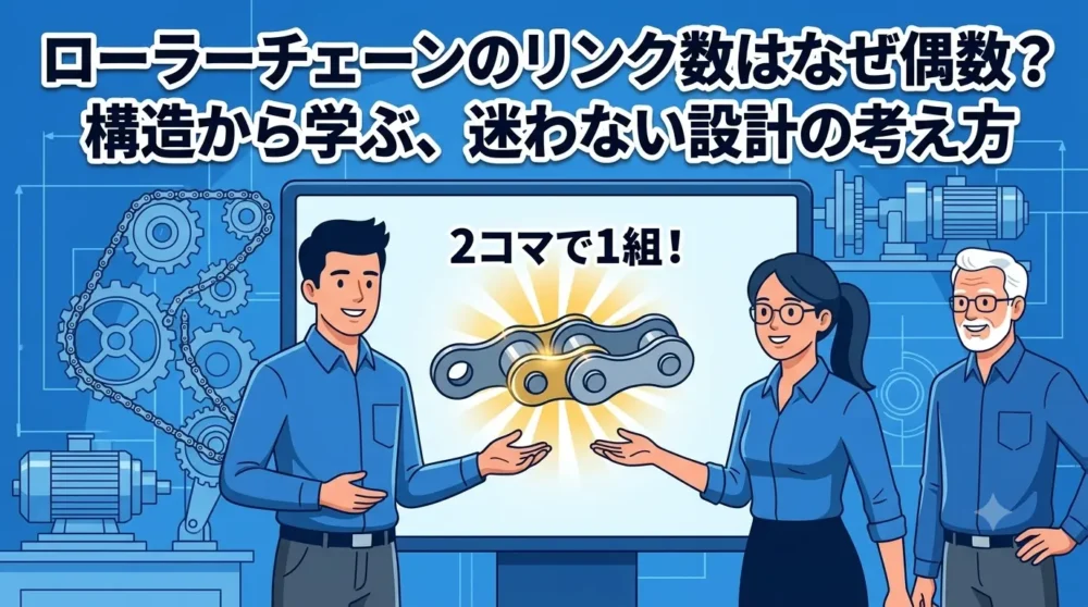 「ローラーチェーンのリンク数はなぜ偶数？構造から学ぶ、迷わない設計の考え方」というタイトルロゴが入った、若手設計者が自信を持ってチェーン構造（2コマ1組）を理解している様子を描いたアイキャッチ画像。