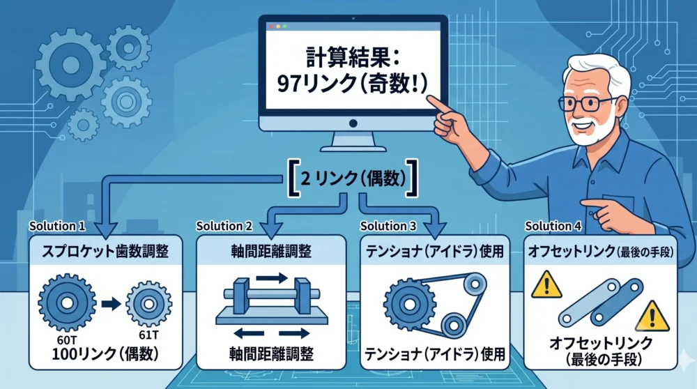 ローラーチェーンのリンク数を偶数にするための「スプロケット歯数調整」「軸間距離調整」「テンショナー活用」「オフセットリンク（注意付き）」の4つの解決方法を示す技術図解。