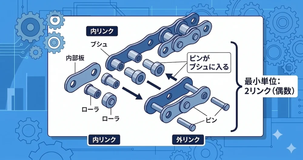 ローラーチェーンの内リンク（ブシュ・ローラ）と外リンク（ピン）の交互構造と、最小単位が2リンク（偶数）であることを示すわかりやすい図解。
