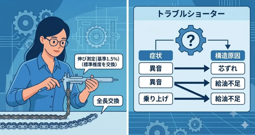 ローラーチェーンのメンテナンス（伸び測定・全長交換）と、トラブル（異音・乗り上げ）の原因を構造から究明する手順を描いた実務向けの図解イラスト。