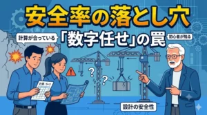 ブログ記事「安全率とは？初心者が陥る『数字任せ』の罠」のアイキャッチ画像。計算上の安全率（S=3）で満足する初心者のクレーンが壊れ、ベテランが真の安全性を説く対比を描いた技術イラスト風図解。