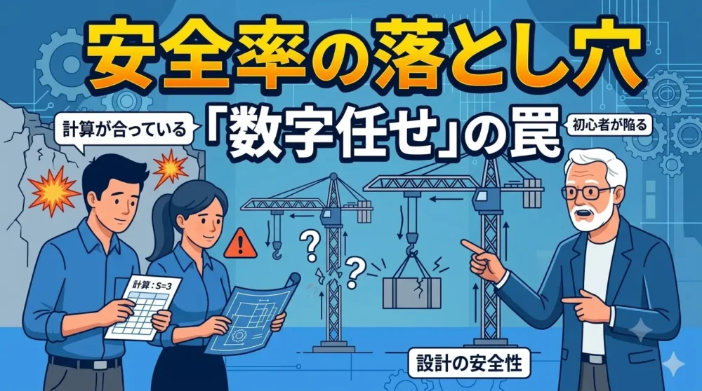 ブログ記事「安全率とは？初心者が陥る『数字任せ』の罠」のアイキャッチ画像。計算上の安全率（S=3）で満足する初心者のクレーンが壊れ、ベテランが真の安全性を説く対比を描いた技術イラスト風図解。
