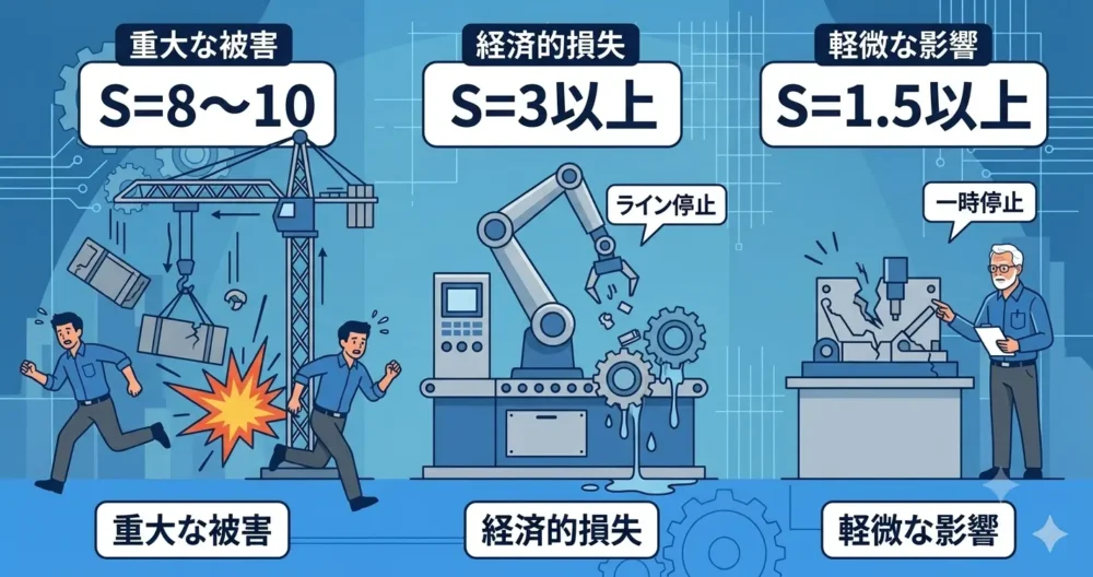 機械設計における破損リスク（重大災害、経済的損失、軽微な影響）に応じた安全率の目安（S=8-10、S=3以上、S=1.5以上）を視覚的に図解したチャート。