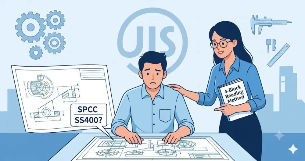図面上のSPCCとSS400の記号を見て困惑する若手設計者と、それを優しくサポートする女性設計者。4ブロックの読み方を提示している。