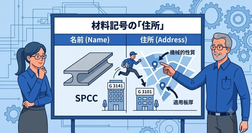 材料記号「SPCC」がJIS G 3141という「住所」を指し、そこから機械的性質や板厚などの情報にアクセスできることを示す図解パネル。ベテラン設計者が説明している。