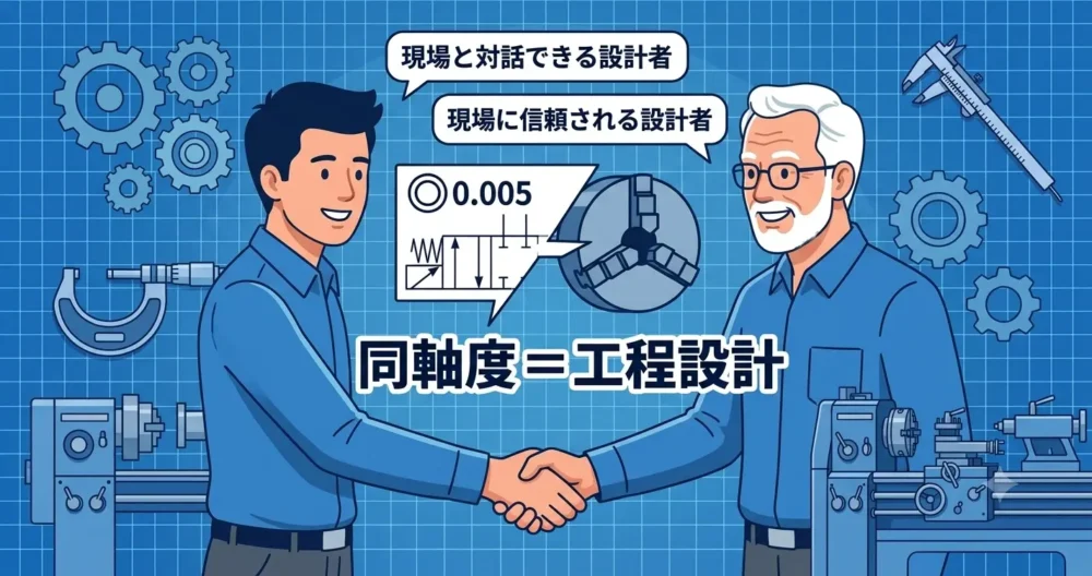 設計図面の指示と旋盤のチャックが重なり合い、「同軸度＝工程設計」であることを象徴的に表現したまとめのイラスト。若い設計者とベテラン技術者の握手が信頼と協力を示している。