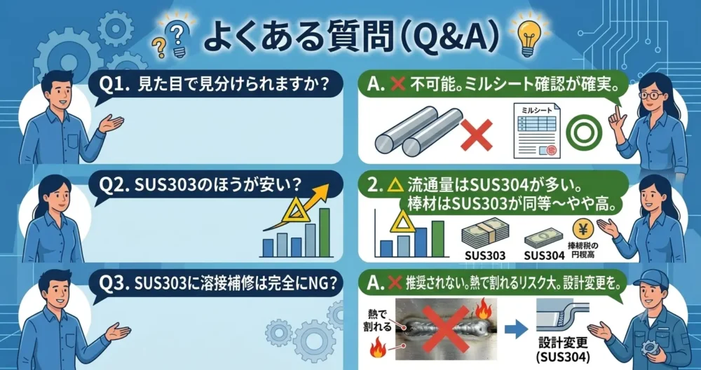 SUS303とSUS304に関するよくある質問（見分け方、価格差、溶接補修）をイラストで視覚化したQ&Aパネル。