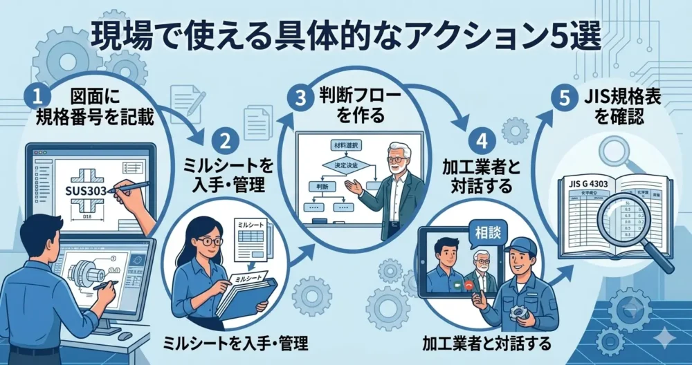 SUS303とSUS304の材料選定で現場で使える具体的な5つのアクション（図面記載、ミルシート管理、フロー作成、対話、規格確認）をステップ順に描いたイラスト。