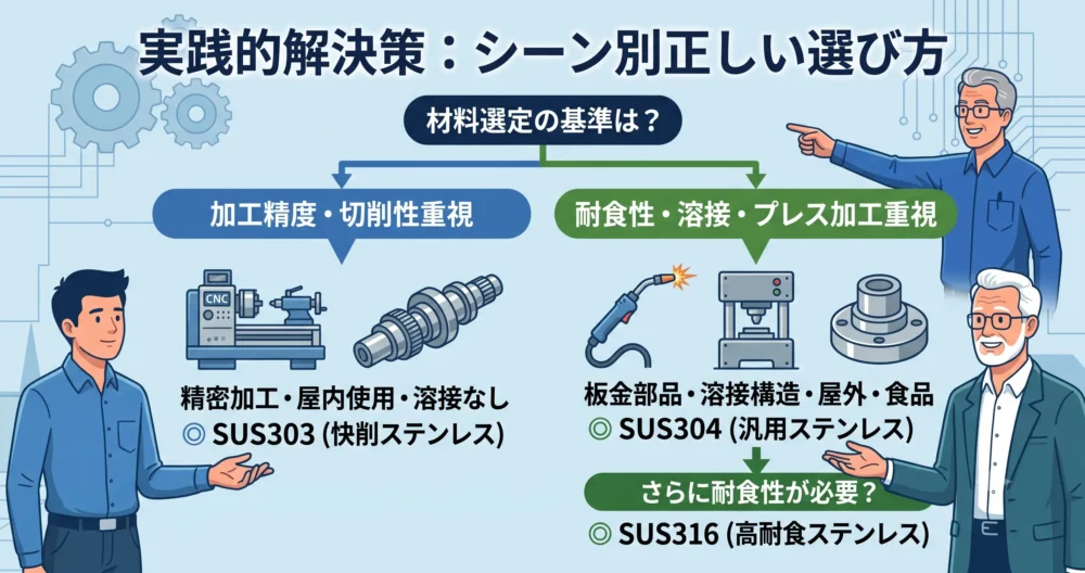 設計シーン別のSUS303とSUS304の正しい選び方を示したフローチャート図解。精密加工はSUS303、耐食性・溶接はSUS304を選択する実践的な判断基準を提示。