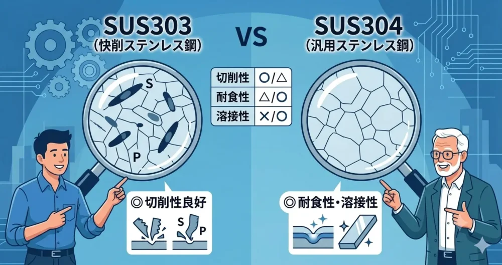 SUS303（快削ステンレス鋼）とSUS304（汎用ステンレス鋼）の基本的な違いを比較したイラスト。SUS303の硫黄添加による切削性向上と、SUS304の耐食性・溶接性の優位性を図解。