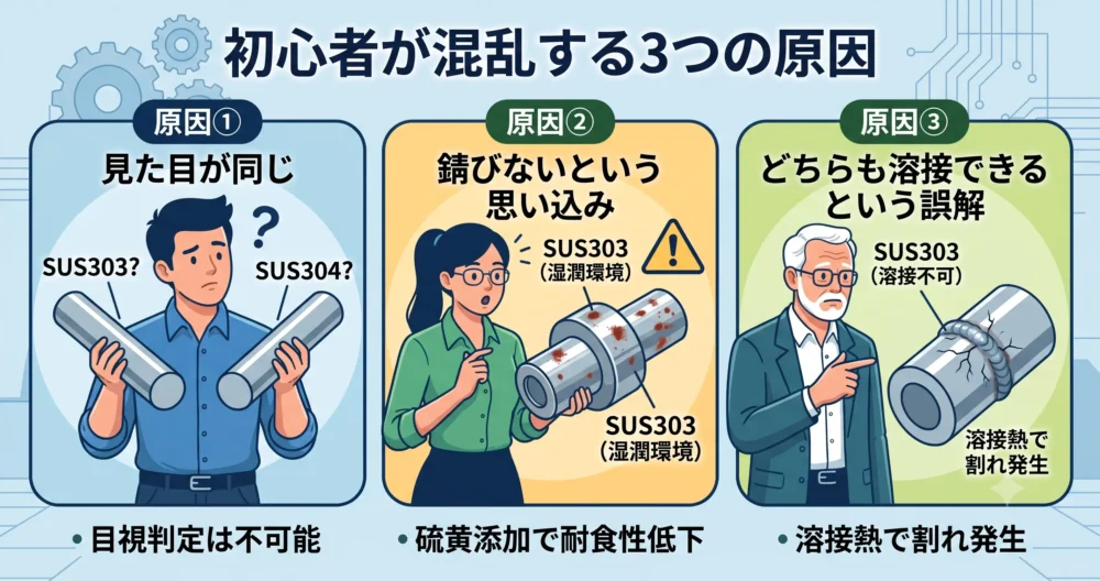 初心者設計者がSUS303とSUS304の違いで混乱する3つの原因（見た目、耐食性、溶接性）を描いたイラスト。錆びたSUS303や溶接割れしたSUS303を例示。