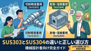 SUS303とSUS304の違いと正しい選び方を解説する機械設計者向け完全ガイドのアイキャッチイラスト。切削精度重視のSUS303部品と耐食・溶接重視のSUS304板金部品の比較を、3人の設計者が行っている様子を描写。