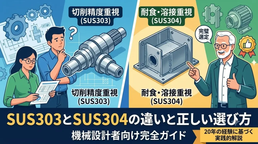 SUS303とSUS304の違いと正しい選び方を解説する機械設計者向け完全ガイドのアイキャッチイラスト。切削精度重視のSUS303部品と耐食・溶接重視のSUS304板金部品の比較を、3人の設計者が行っている様子を描写。