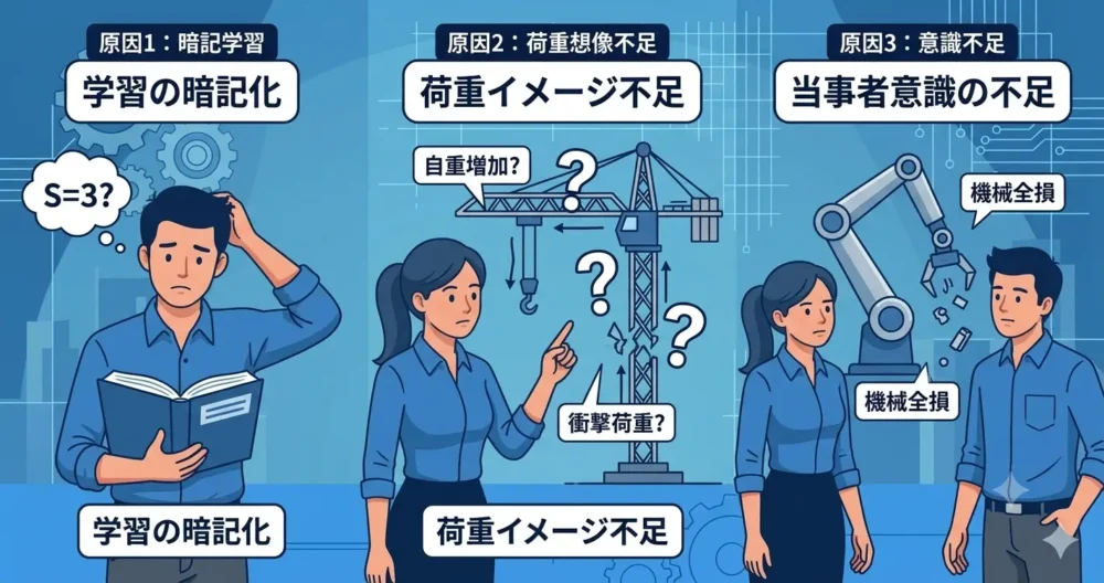 機械設計で安全率を軽視してしまう3つの原因（暗記学習、荷重想像不足、当事者意識不足）を、若手エンジニアの行動で図解したイラスト。