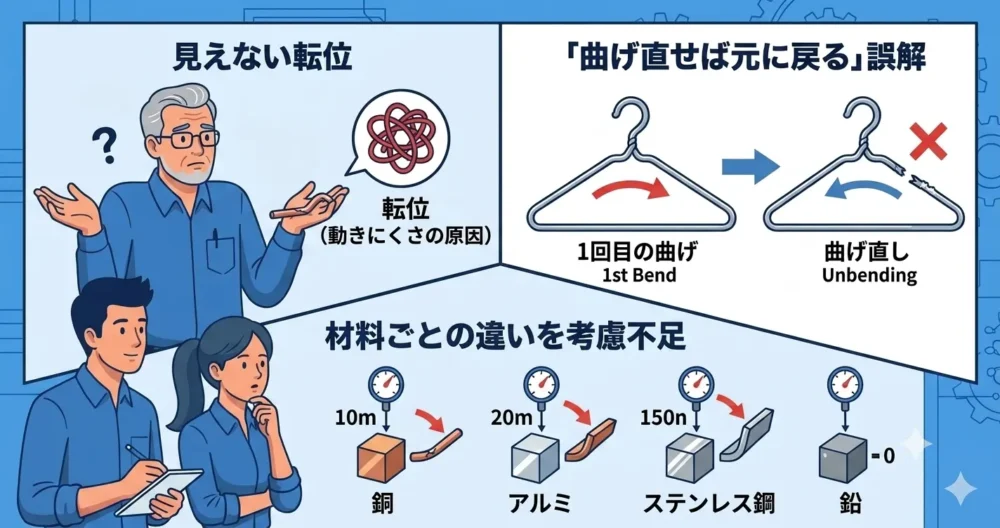 加工硬化の理解不足による3つの原因（転位の不可視性、曲げ直しの誤解、材料特性の無視）に悩む若い男性設計者と、それをサポートする設計チームのイラスト。