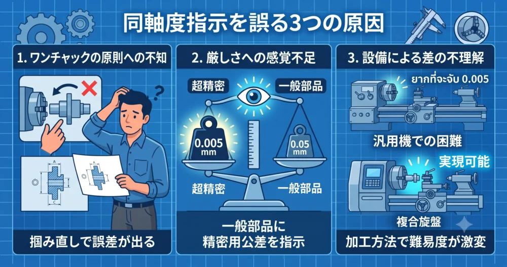 設計者が同軸度を誤って指示してしまう3つの主な原因（ワンチャックの原則、公差の厳しさ感覚、設備による実現性の違い）を整理した3パネルの図解。