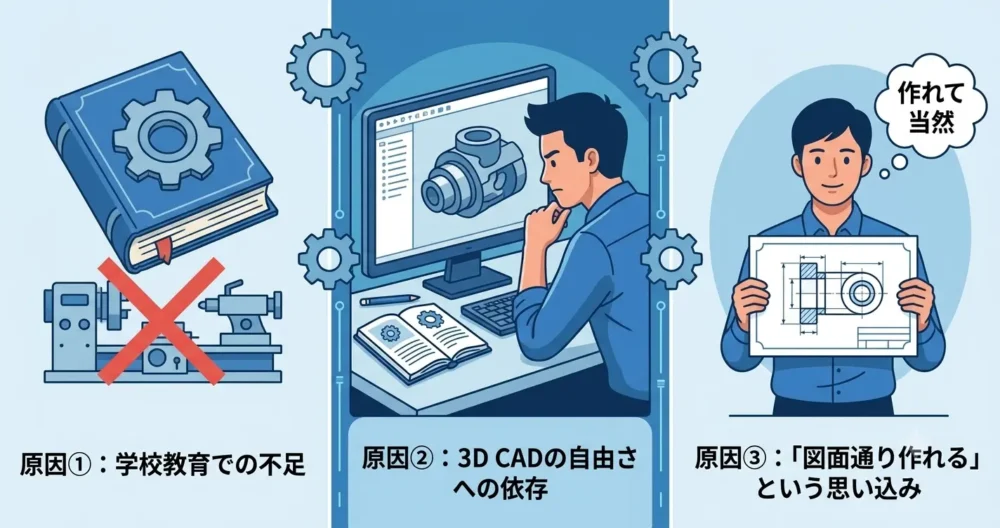 設計者に加工知識が不足する3つの主な原因（学校教育の不足、CADの自由さ、図面への過信）を解説するアイコン図解