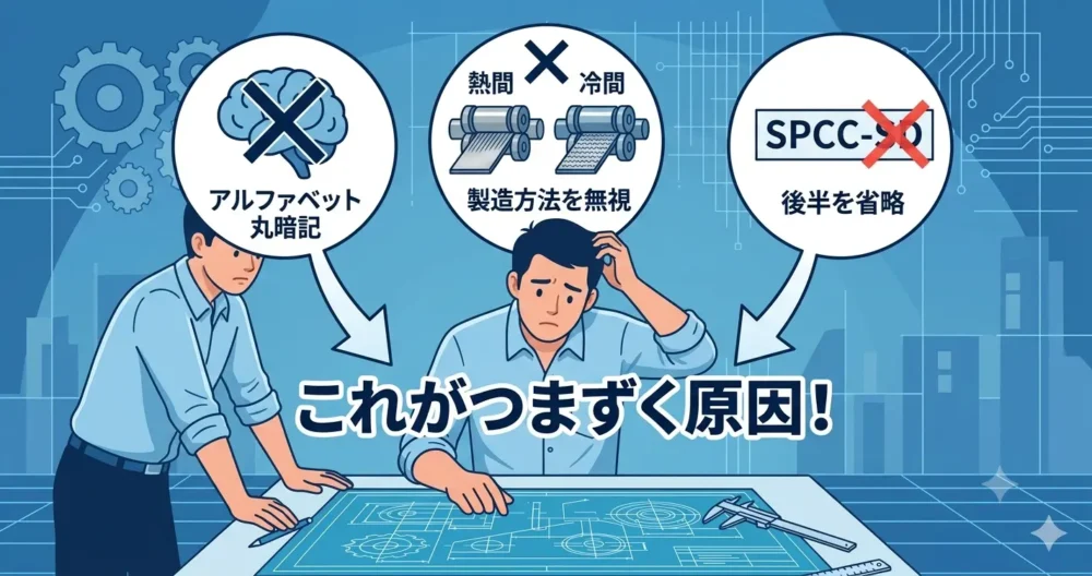 若手設計者が材料記号でつまずく3つの原因（丸暗記、製造方法の無視、後半の省略）をアイコンで示した図解。
