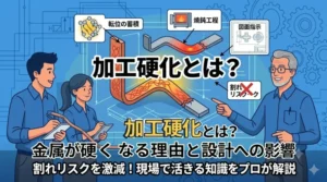 「加工硬化とは？金属が硬くなる理由と設計への影響」というタイトルとともに、金属の硬化メカニズムを議論する設計チームのイラスト。アイキャッチ画像。