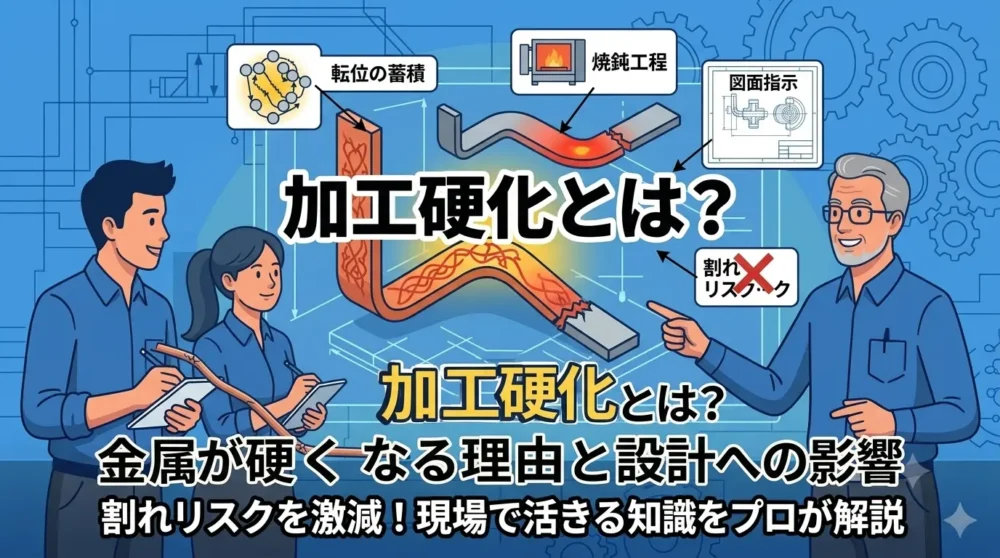「加工硬化とは？金属が硬くなる理由と設計への影響」というタイトルとともに、金属の硬化メカニズムを議論する設計チームのイラスト。アイキャッチ画像。