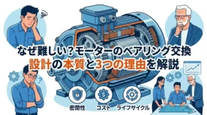 産業用モーターの断面図を背景に、「なぜ難しい？モーターのベアリング交換」という大きな文字と、その下に「設計の本質と3つの理由を解説」というタイトルが書かれたブログのアイキャッチ画像。