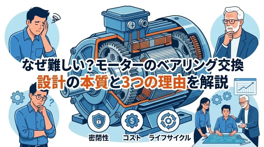 産業用モーターの断面図を背景に、「なぜ難しい？モーターのベアリング交換」という大きな文字と、その下に「設計の本質と3つの理由を解説」というタイトルが書かれたブログのアイキャッチ画像。