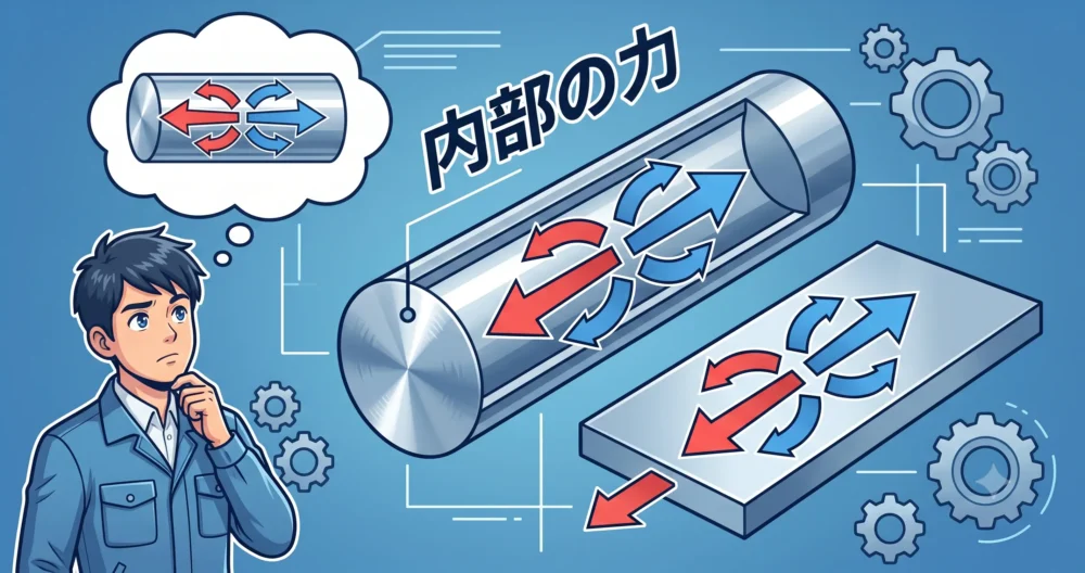 金属素材の内部で引張と圧縮の力がバランスを保っていることを表す概念図。これが残留応力の正体であることを解説。